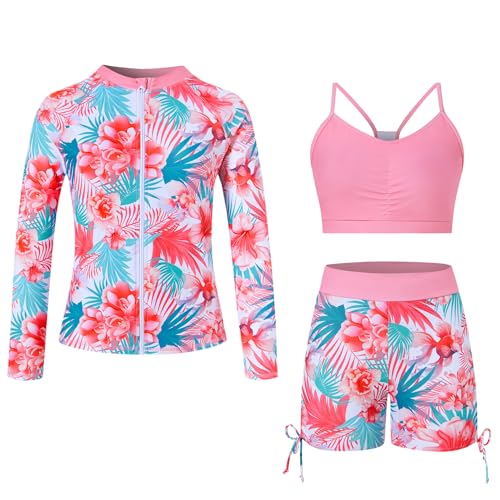 Image of Funnycokid Girls Swimsuit 3 Pieces Zip Rash Guard Bathing Suits Set Kids Bikini Boyshort Summer Swimwear 3-14 Years