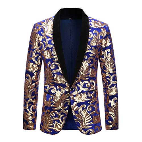PYJTRL Blazer Tendance en Velours à Paillettes pour Homme Motif Floral (M, Bleu 01)