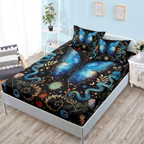 Bed Sheets Serpiente Azul Insecto Sabana Bajera Transpirable Cubre Colchon 90x190 Microfibra Juego de Cama Suave Funda Colchon Lavable Funda Colchón 90x190 30cm Profundidad