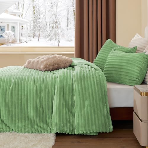 BEDELITE Fleece Queen Comforter Set -Super Soft & Warm Fluffy Green Bedding, Luxury Fuzzy Heavy Bed Set for Winter with 2 Pillow Cases