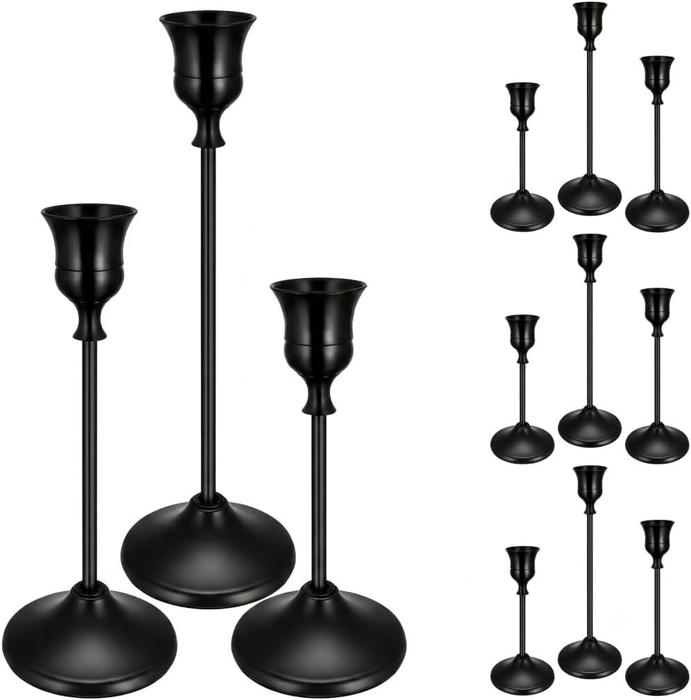 12PCS Brass Black Taper Candle Holders Set, Vintage Candlestick Holders