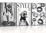 3Pcs Trendy Black and White Leopard Canvas Wall Art Vintage Newspeper Cheetah Wall Decor Fashion Girl Poster Heels Lips Picture Luxury Feminist Painting Print Artwork for Apartment Dorm,Unframed