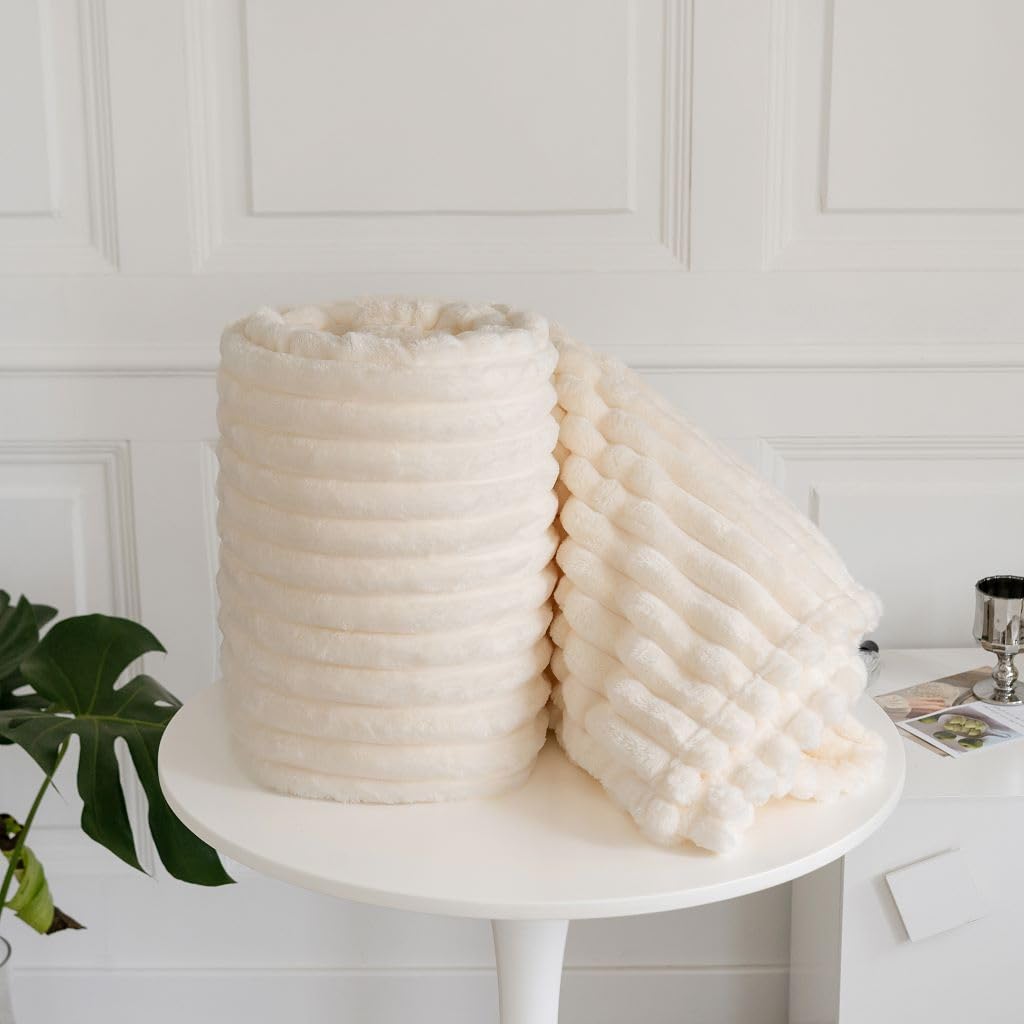 NIGHTZONE Chunky Ribbed Cord Faux Fur Velvet Touch Sofa Bed Throwover Soft touch Blanket (Cream, 200 X 240 CM)