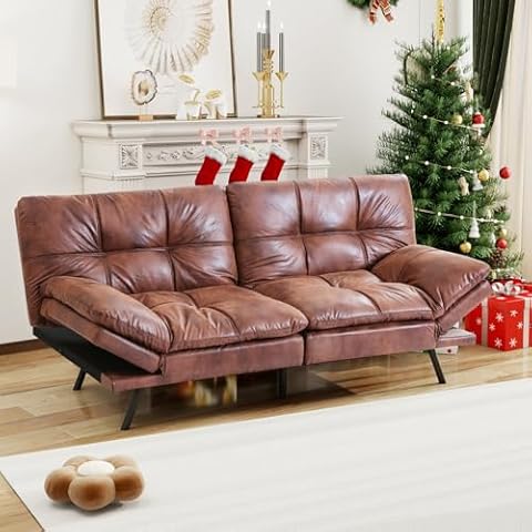 MUUEGM Futon Couch Convertible Memory Foam Sleeper Futon Sofa Bed, Adjustable Backrest Armrest Folding Futon, Modern Faux Leather Sofa Bed for Living Room, Apartment, Office, Small Room, 71” Brown Cover