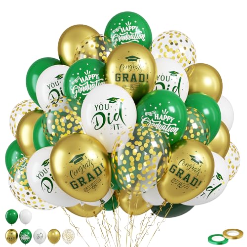 Image of Graduation Balloons, 50 Pcs Green Gold for Class of 2026 Grad Party Decor