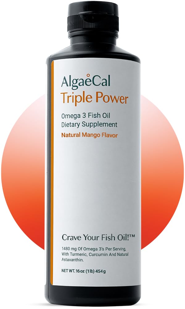 AlgaeCal Triple Power 1200mg EPA & DHA Omega 3 Fish Oil Supplement, Supporting Brain, Heart, Skin & Bones, Liquid Emulsion Mango Taste, Burp-Less, Sugar-Free, Made in USA