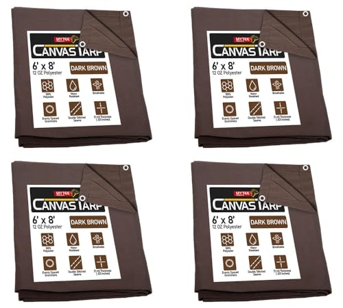 Mytee Products 4 Pack 6' x 8' Dark Brown Canvas Tarp 12oz - Water Resistant & Breathable - Heavy Duty Tarps - Multipurpose Tarpaulin Cover for Camping Tent