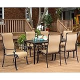 Hanover BRIGANTINE7PC Rectangle Cast Aluminum Table, Brushed Bronze Finish Brigantine 7-Piece Outdoor Patio Dining Set, 6 Sling Chairs, Brown/Tan