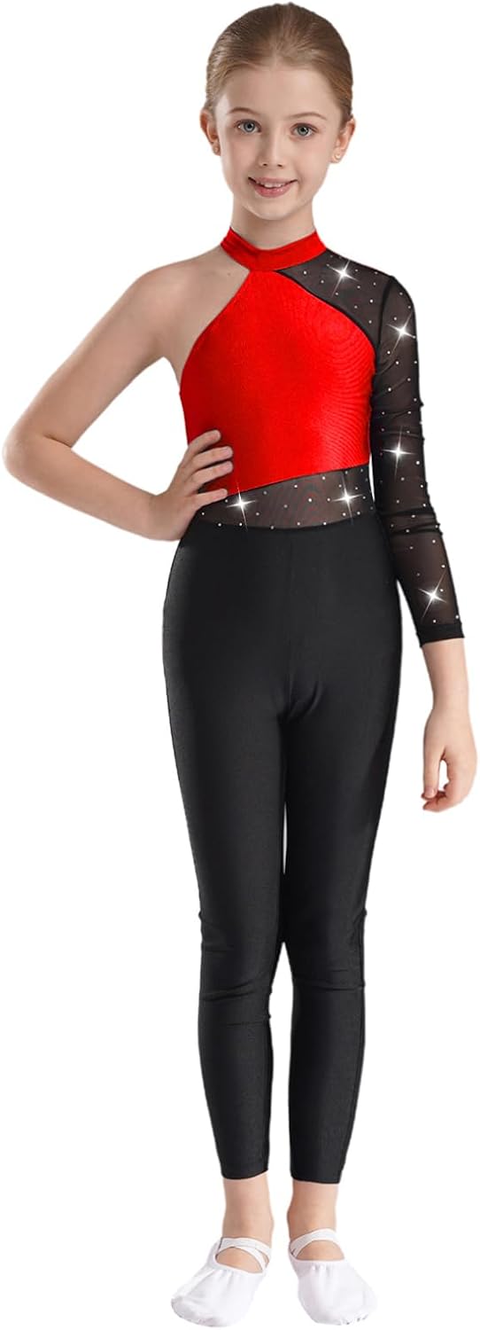FEESHOW Girls Kids One Piece Mock Neck Color Block Leotard Gymnastic Dance Overalls Jumpsuit Full Body Bodysuit