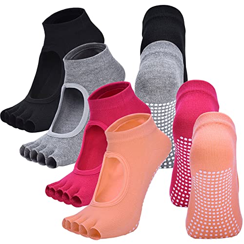 Toeless Yoga Socks for Women Pilates Socks with Grips Cotton Non Slip Open Toe Socks for Pilates Pure Barre Ballet Dance (4 Pairs (Black & Grey & Orange & Rose))