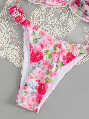 GORGLITTER Women's Floral Swimsuit Strapless Bandeau High Cut Thong Bikini Set Bathing Suit4