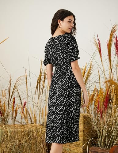Image of Amazon Brand - Symbol Women Rayon Fit and Flare One Piece Midi Length Dress (with Self Fabric Belt) (Available in Plus Sizes)