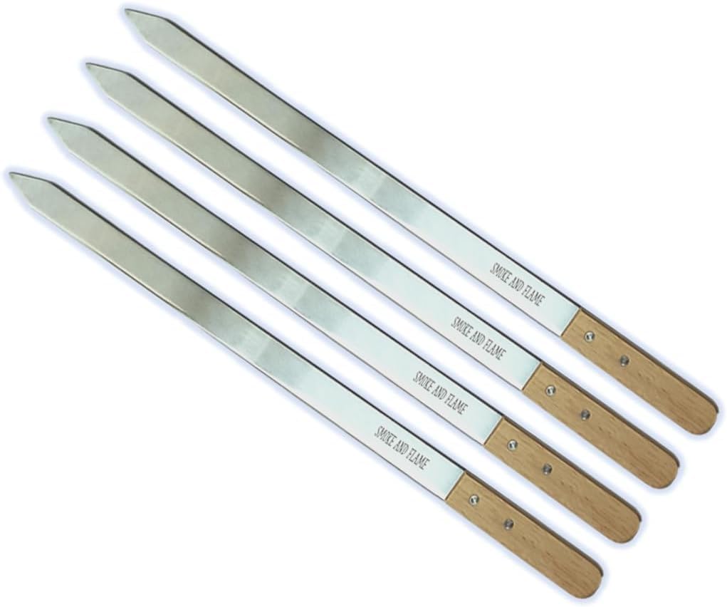 Brochetas de metal planas extra anchas para barbacoa – Grande 60 cm de largo, 23 mm de ancho, 2 mm de grosor, acero inoxidable con diseño y calidad superiores. Juego de 4 ideales para shish, boobideh