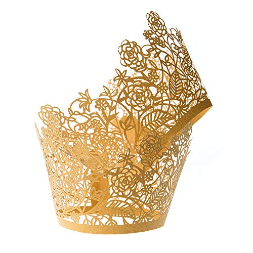Cupcake Wrappers 100pcs Gold Rose Lace Hollow Cupcake Liners Bake Cake Paper Cups for Christmas Party Birthday Cake Decoration Supplies