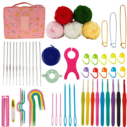 Image of 59 Pcs Crochet Hooks Kit for Beginners Adults, Knitting Starter Kit for Adults Ergonomic Crochet Soft Grip Handle Crochet Tools, DIY Weave Yarn Kits with Carry Bag , Travel Knitting Crochet Supplies