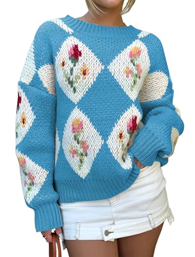 Image of ZAFUL Floral Sweaters for Women Trendy Crew Neck Long Sleeves Knitted Pullover Boho Sweater Chunky Knit Tops