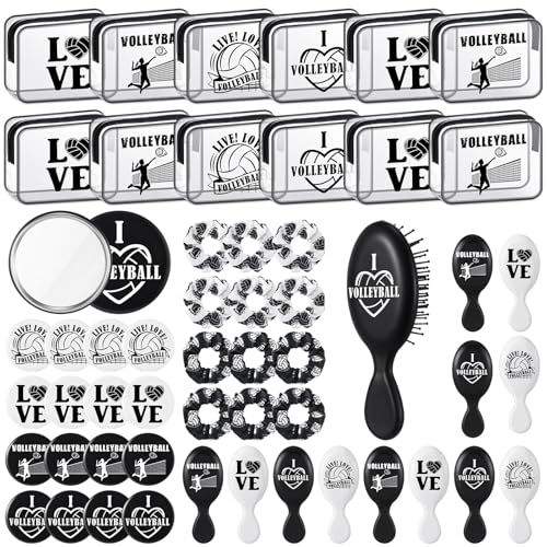 SilTriangle 48 Pcs Volleyball Gifts for Team Bulk Volleyball Party Favors Include PVC Cosmetic Bags Makeup Mirror Hair Scrunchies Detangling Brush Sports Accessories for Women Players Sports Lovers