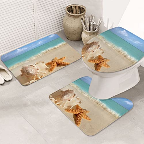 ASEELO 3-teiliges Badezimmerteppich-Set Sommer Seestern Muschel Bad Duschmatte und U-förmiger...