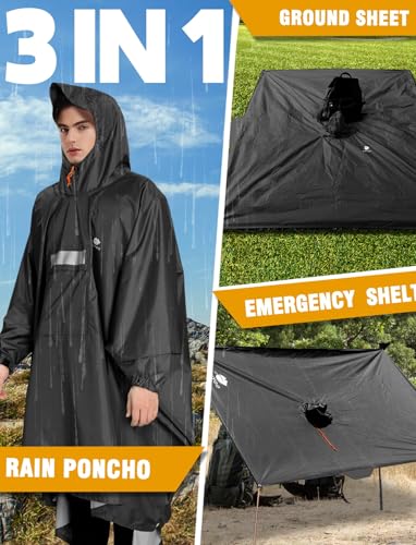 ANYOO Wasserdichter Regenponcho Winddichter Regenmantel mit Seitlichem Reißverschluss, Leichter Regenjacke mit Verstellbaren Ärmeln für Outdoor Wandern Radfahren, Einheitsgröße, Schwarz