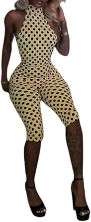 Wuitrie Womens Polka Dot Halter Jumpsuit Sexy Sleeveless High Neck Backless Bodycon Capri Jumpsuits