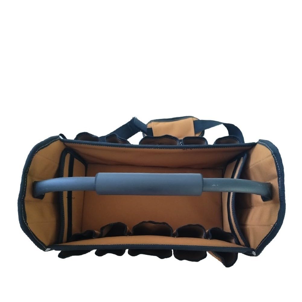 ZYWUOY Sac à outils robuste en tissu Oxford avec base rigide, 21 poches, poignées renforcées et bandoulière, rangement en polyester 900D pour électriciens, plombiers, mécaniciens, marron et noir