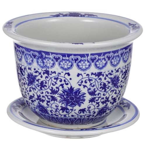 VANZACK Vaso da fiori in ceramica blu bianco cinese vasi in ceramica con vassoio, vaso decorativo per interni ed esterni, scrivania, giardino, balcone