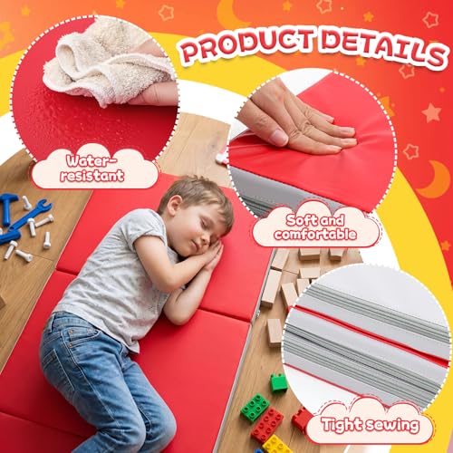 Image of Wesiti 1 Pcs Folding Kids Nap Mats for Preschool Daycare, 3 Section Folding Rest Mats Sleeping for Kids Toddler Nap 1 Inch Thick, Kindergarten School Classroom Supplies (Red,Gray)