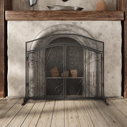 WOODTIME Single Panel Fireplace Screen with Doors and Curved Pattern,