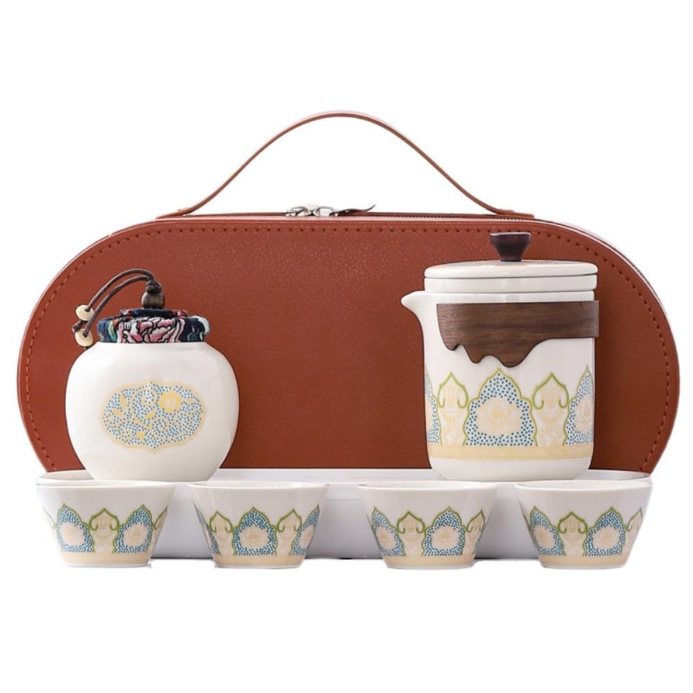 HLTYGWX Pojemnik na herbatę kreatywny podróżny zestaw do herbaty przenośny zewnętrzny ceramiczny luzem słoik do przechowywania herbaty zestaw herbaciany jeden garnek cztery filiżanki z puszką na