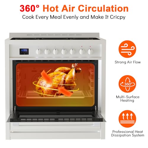 36 Inch Electric Range with 5 Cooktop Burners, 4.3 Cu.Ft. Freestanding Electric Range Oven, 7 Functions Professional Convection Oven, Easy Reach Racks, Timer, Stainless Steel, Silver
