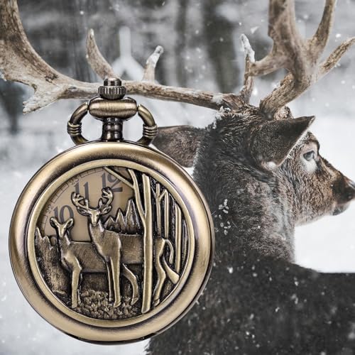 Image of SIBOSUN Pocket Watch with Chain Oversized 50MM 1.96 Inch Deer Reindeer Woodland Men Vintage Box Quartz Pocket Watches Analog