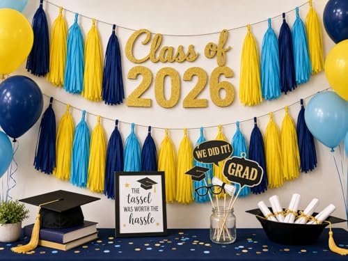 Image of Blue and Yellow Tassel Garland Banner Tissue Paper Tassels for Birthday Party Decorations,Pack of 20