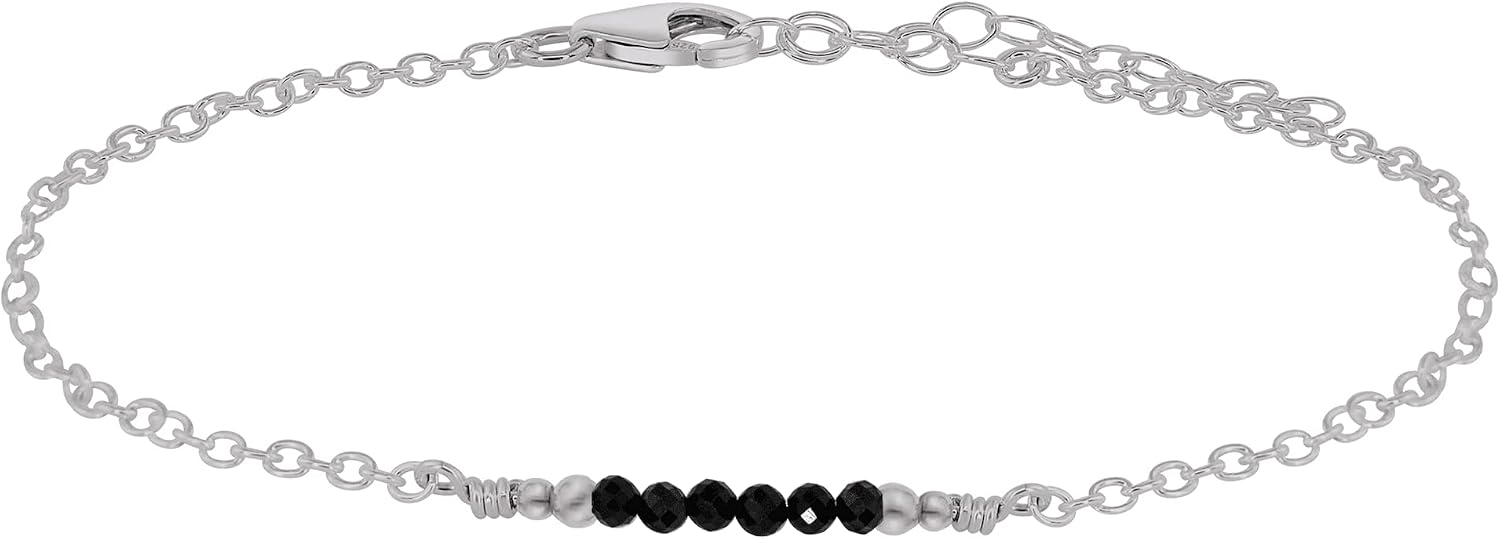 Luna Tide Black Tourmaline Faceted Bead Bar Anklet in Stainless Steel