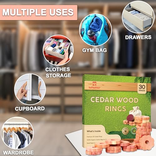 Image of Cedar Blocks for Clothes Storage - Raimarket 30 Pack Cedar Rings - 100% Natural Aromatic Cedar Wood Chips for Closets, Wardrobe, Drawers & Shelves - Scented Wardrobe Freshener