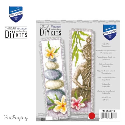 Image of Vervaco Cross Stitch Embroidery Kit for Adults, Cross Stitch Set Pre-Printed with Embroidery Design on 100% Cotton Fabric, Embroidery Templates 2,4 x 8 Inches - 6 x 20 cm, Bookmark Kit, Buddha