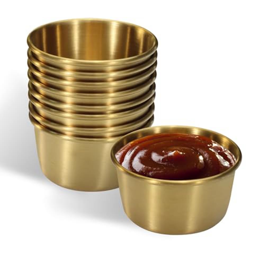 Lizusidtsy 6Pcs 2 Oz Stainless Steel Dipping Sauce Cup, Mini Dip Bowls, Reusable Metal Condiment Cups Ramekins Containers Easy to Use 4.5 X 3.3 X 5.8cm (Gold)