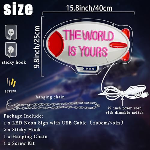 Image of The World Is Yours Neon Sign Blimp Neon Light for Wall Decor Dimmable Airship Led Light Up Signs for Bedroom Game Room Man Cave Boys Teens Room Bar Birthday Party Wedding Valentines Day