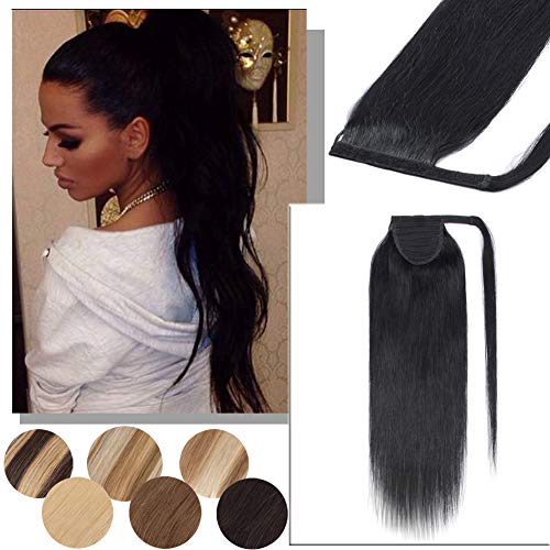 Wrap Around Ponytail Human Hair Extensions Comb Clip in Long Straight Pony Tail for Women 90g Thick Soft One Piece Hairpiece- 14 inch Dark Black #1
