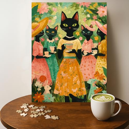 Black CAT Afternoon Tea Animal Jigsaw Puzzle - 500 Pieces Wooden Puzzle for Adults, Wall Art Gift, Finished Size: 20 x 15 Inch