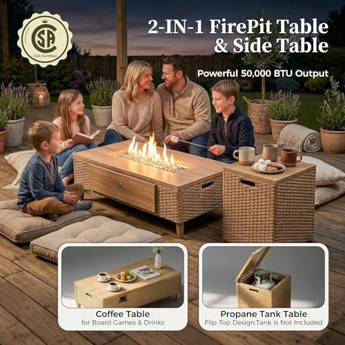Image of MIXPATIO Patio Furniture Set with Fire Pit Table, 7 Pieces Outdoor Yellow Rattan Wicker Conversation Sets, Deep Seating Sofa with 10 inch Thick Cushions, Low Profile Deck Lawn Furniture