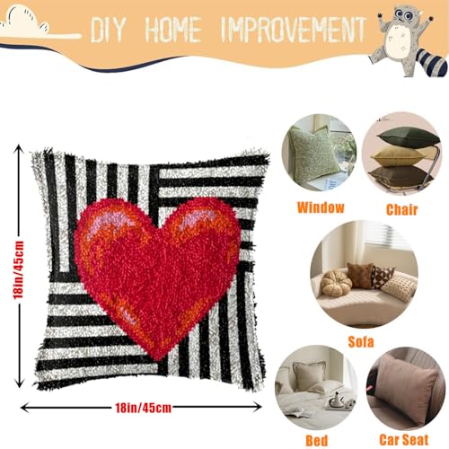 Image of EMISTEM Latch Hook Kits for Adults - Latch Hook Pillow Kits, Crochet Yarn Kit for Beginners, DIY Needlework Crafts Cover Case with Printed Canvas, Gift Packaging. (Red Love,17x17 inch)