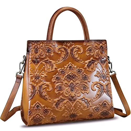Image of Genuine Leather Satchel for Women Top Handle Handbag Handmade Embossed Vintage Satchel Crossbody Handbags Purse Bag