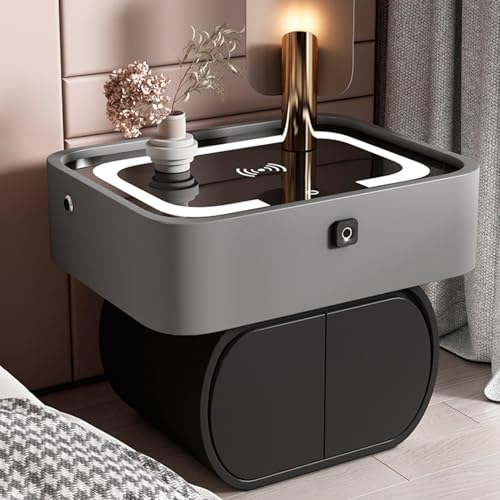 HJYBFA Mesita de Noche para Dormitorio, Inteligente con Cerradura de Huella Dactilar, mesita de Noche LED, estación de Carga y Puertos USB, Altavoz de Mesa Auxiliar de Cama, Mueble