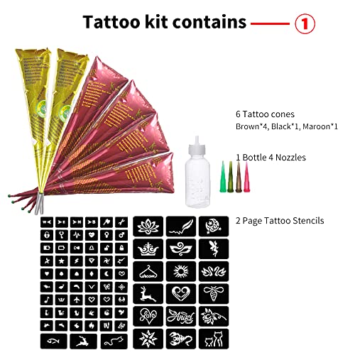 Elefocus 11 Sheets Total 84 Tattoo Patterns, 6 Pcs 3 Color (Brown Black Maroon) Temporary Tattoo Kit thumb #1