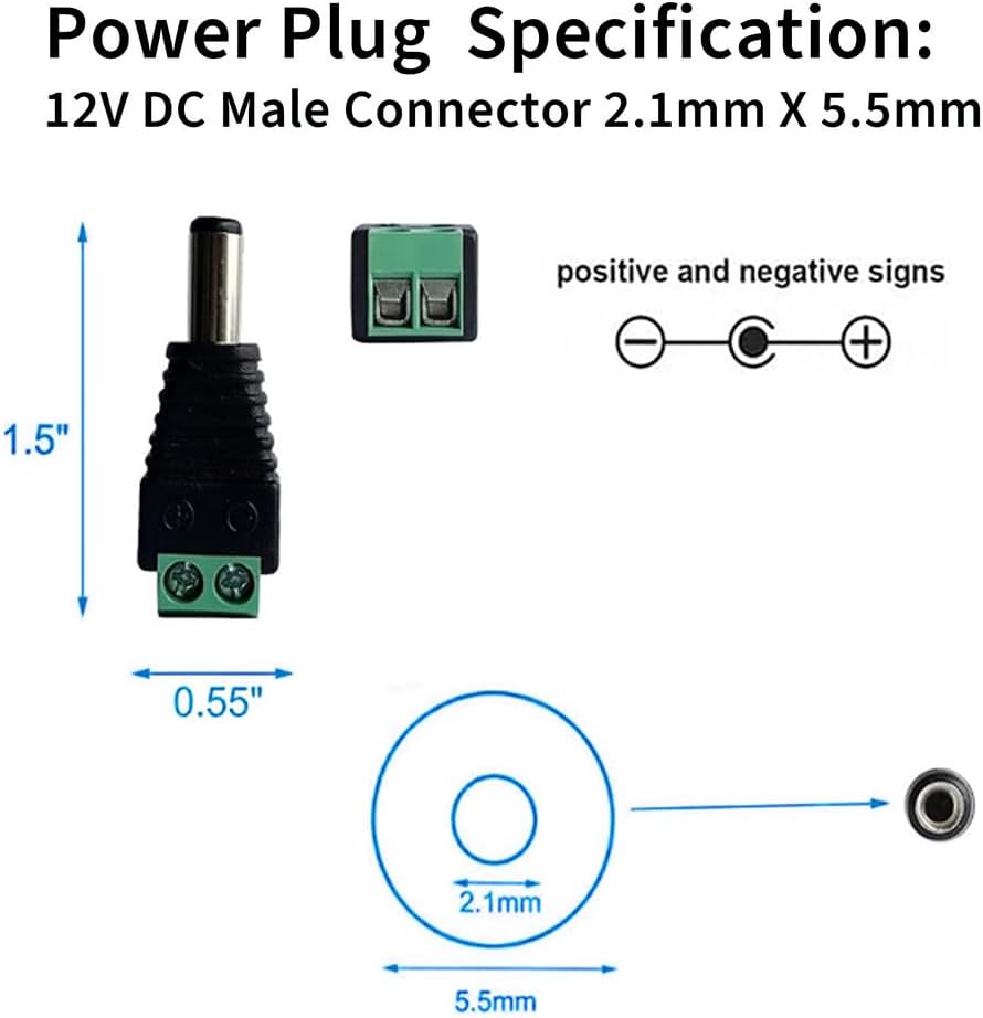 Diagram showing dimensions and polarity markings for the male DC power connector.