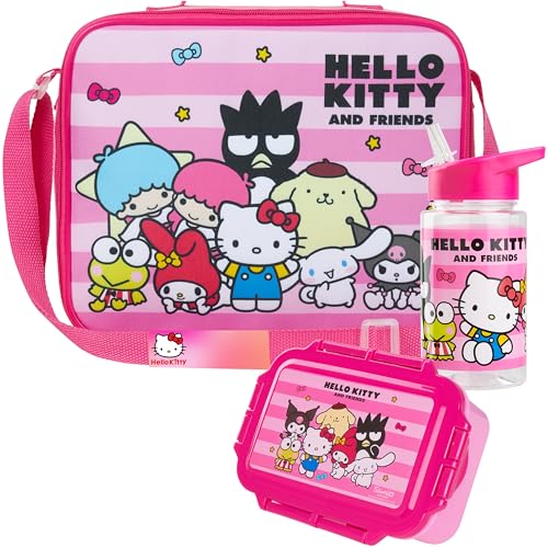 Get Trend Hello Kitty Water Bottle Lunch Box Lunch Bag Kids Set 3 Pcs Kawaii Insulated Snack Bag for School Travel Gifts for Kids (Pink Hello Kitty)