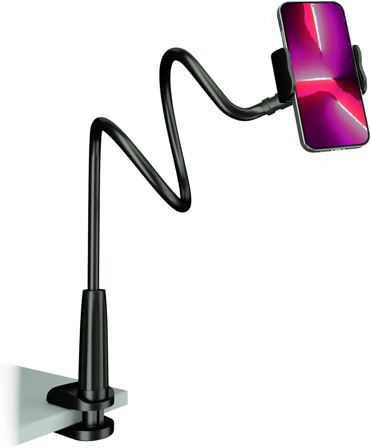 Flexible Phone Holder with Carbon Steel Spring Lock, Magnesium Alloy Construction, Adjustable Clamp Mount, Black