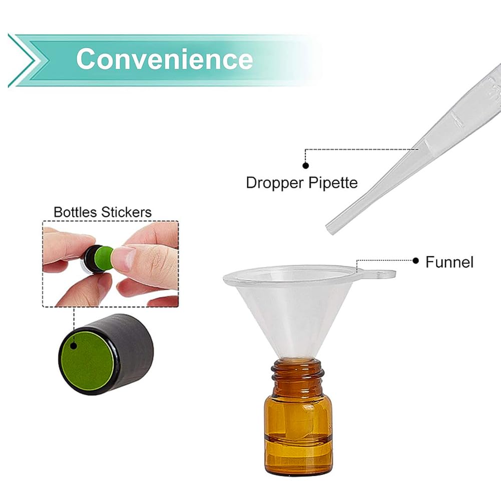 BENECREAT 30 Pack 2ml Flacone con Rullo in Vetro Ambrato con Tappo Nero con 4PCS tramogge, 1PCS Apriscatole, 10PCS 3ml Contagocce 1 Foglio Adesivo per Profumo per Aromaterapia