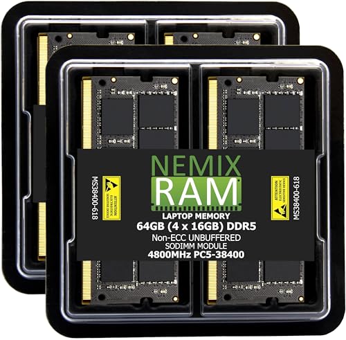Image of 64GB 4X16GB DDR5 4800MHz PC5-38400 1Rx8 1.1V CL40 262-PIN Non-ECC Unbuffered SODIMM NEMIX RAM Laptop PC Memory KIT