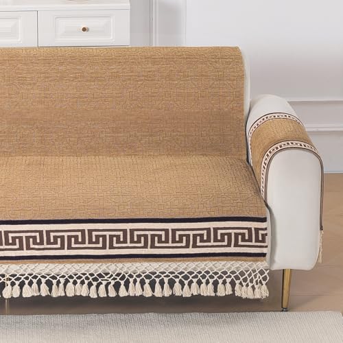 Image of HOKIPO 'Imperial Tassel Series' Premium Chenille Jacquard Sofa Cover Set for 3 Seater for Seat, Back & Arms with Tassels, Caramel Brown (IN-1011 + IN-1012-I2*2)